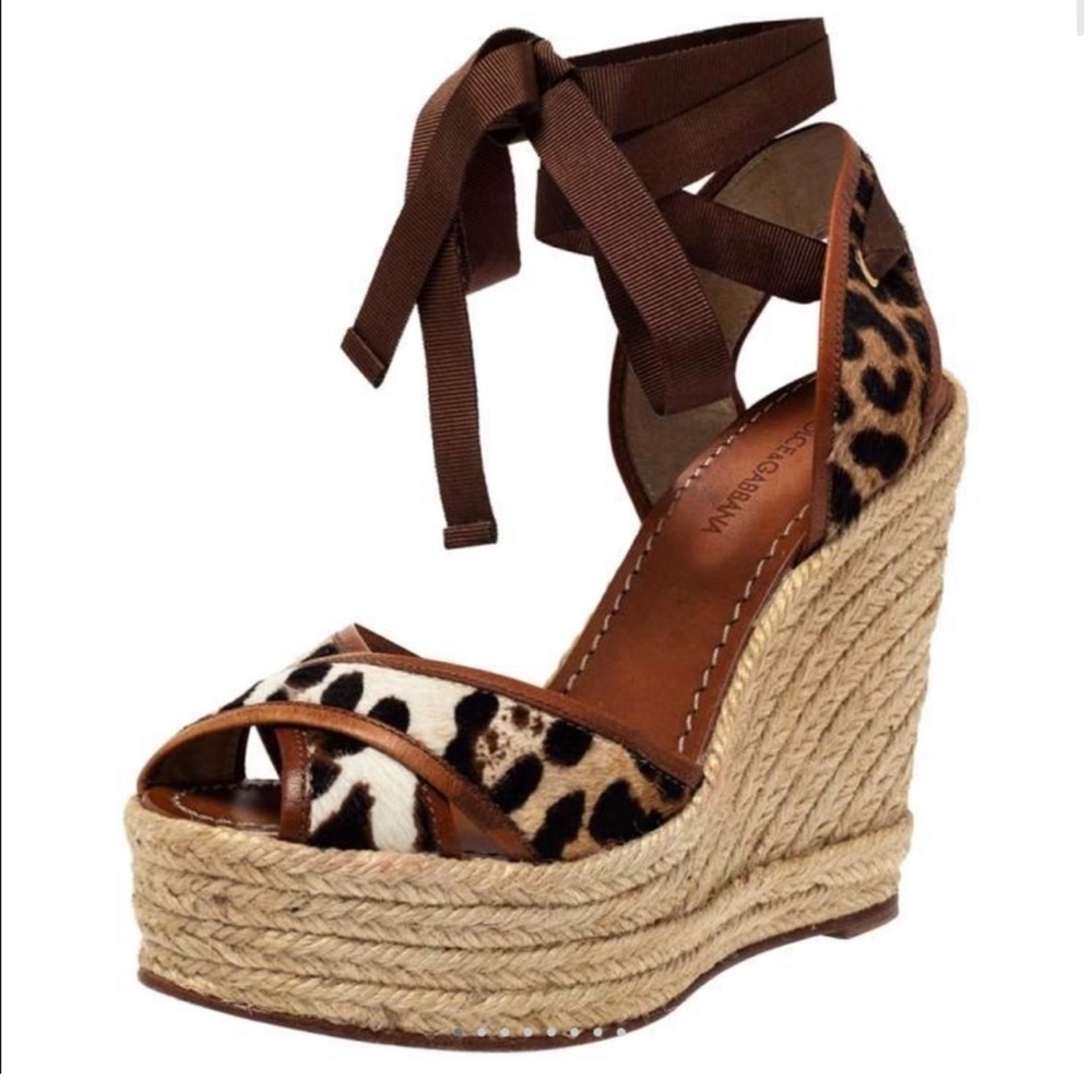 Dolce & Gabbana Leopard Espadrille Wedge Sandals with Brown Ankle Ties